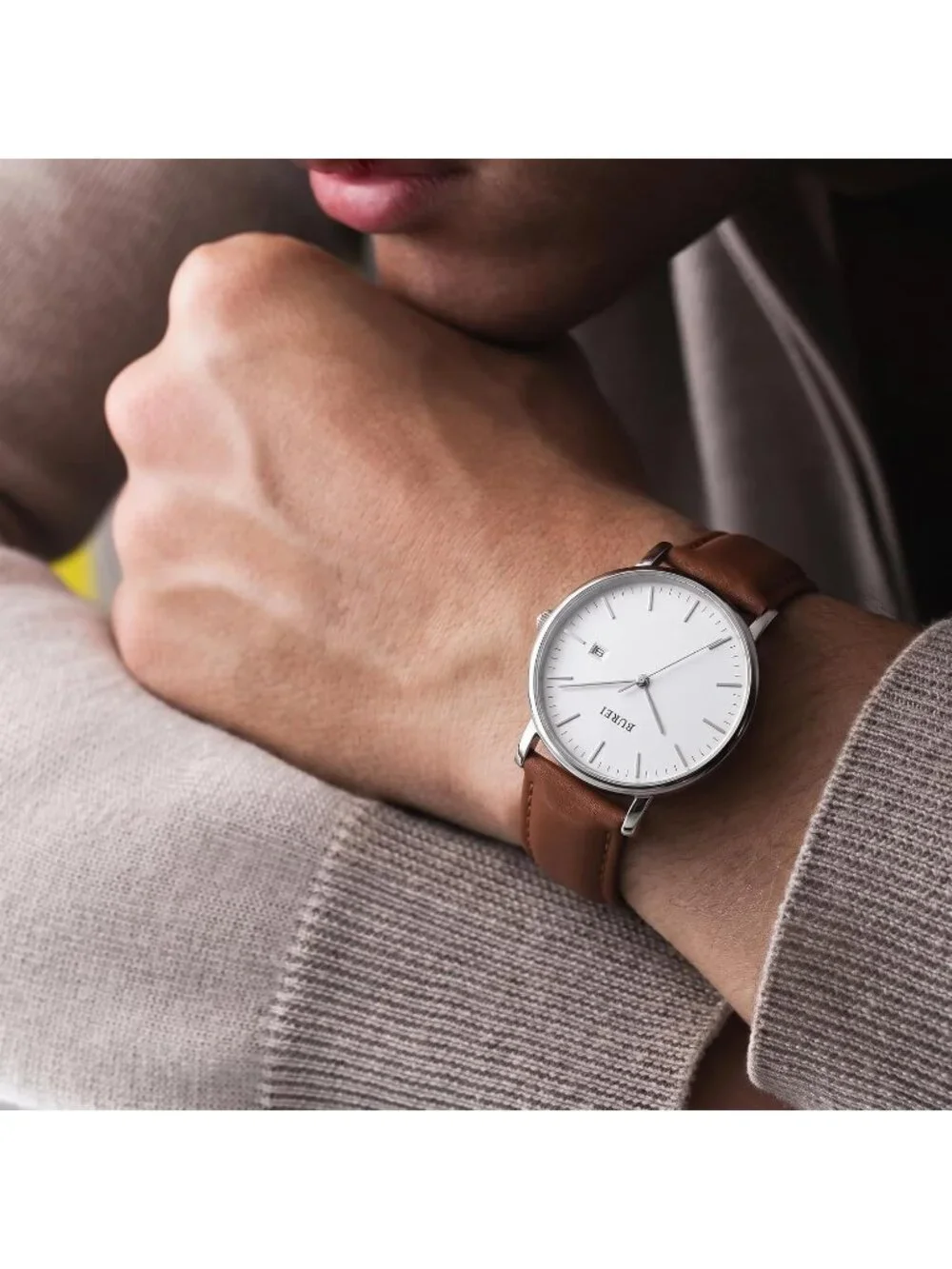 Men's Silver Brown Ultra Thin Minimalist Analog Waterproof Casual Wrist Watch